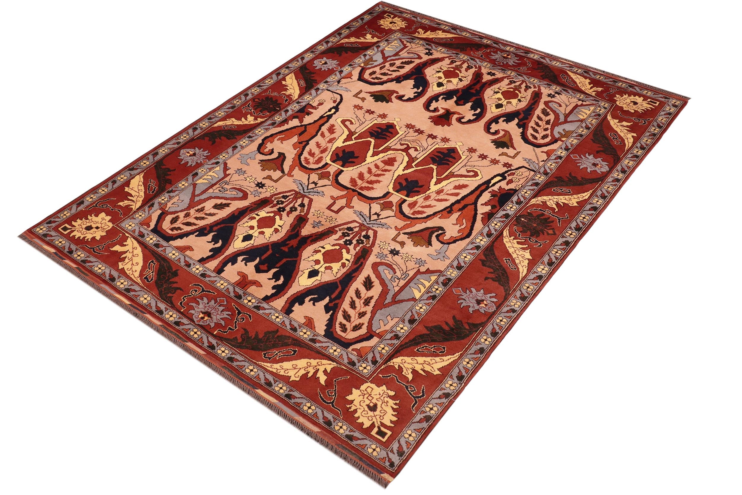handmade Geometric Kargahi Tan Rust Hand Knotted RECTANGLE 100% WOOL area rug 6x9
