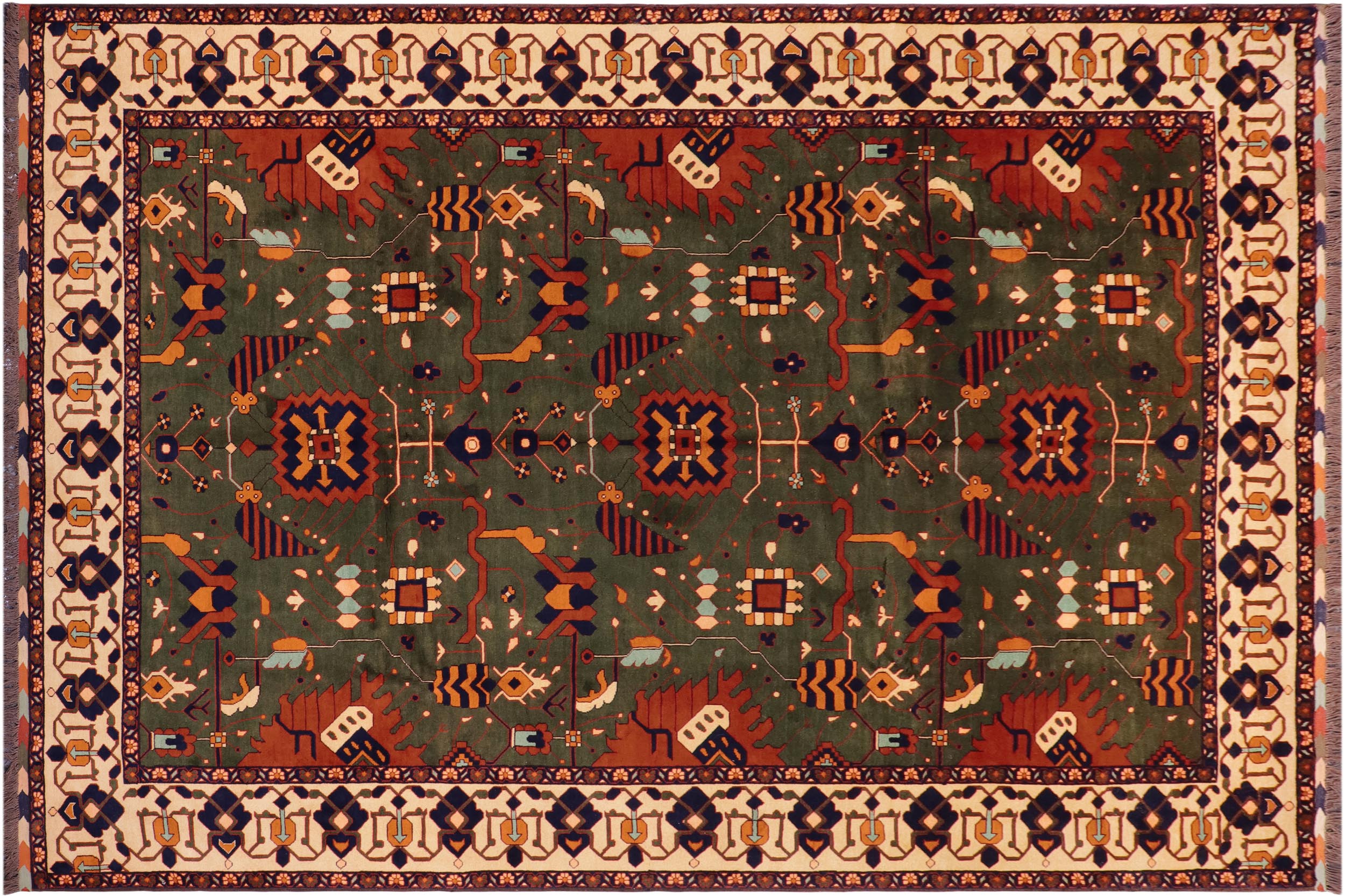 handmade Geometric Kargahi Green Beige Hand Knotted RECTANGLE 100% WOOL area rug 9x12