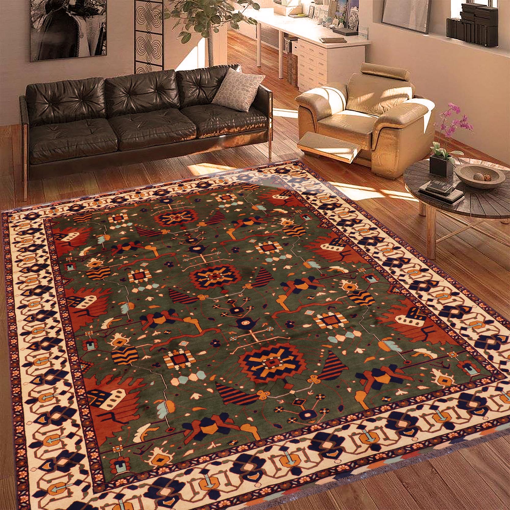 handmade Geometric Kargahi Green Beige Hand Knotted RECTANGLE 100% WOOL area rug 9x12