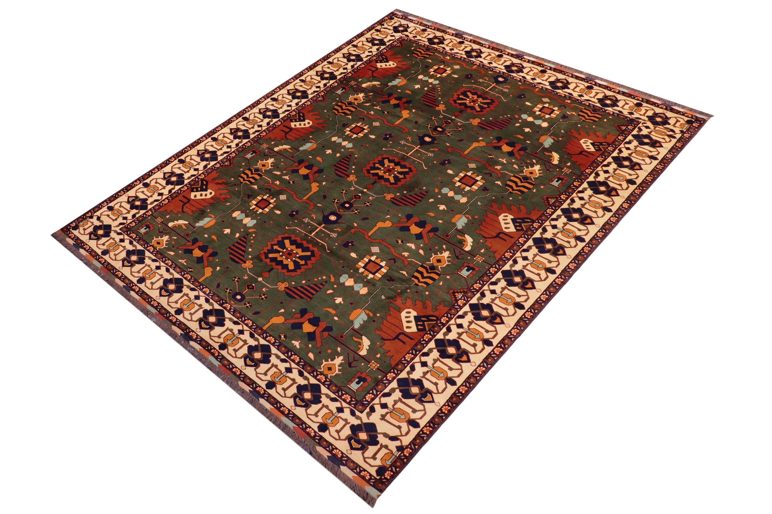 handmade Geometric Kargahi Green Beige Hand Knotted RECTANGLE 100% WOOL area rug 9x12