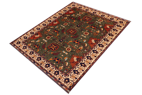 handmade Geometric Kargahi Green Beige Hand Knotted RECTANGLE 100% WOOL area rug 9x12