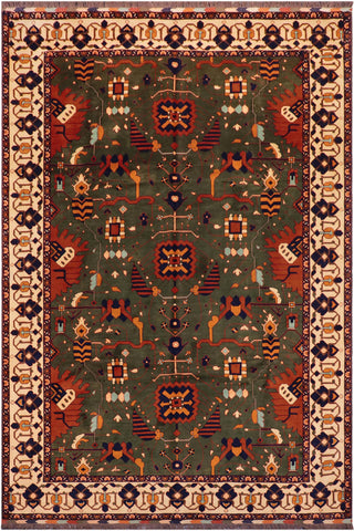 Tribal Kargahi Cythia Green/Beige Wool Rug - 9'1'' x 12'6''
