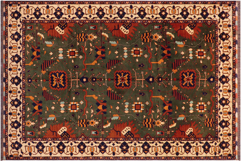 handmade Geometric Kargahi Green Beige Hand Knotted RECTANGLE 100% WOOL area rug 9x12