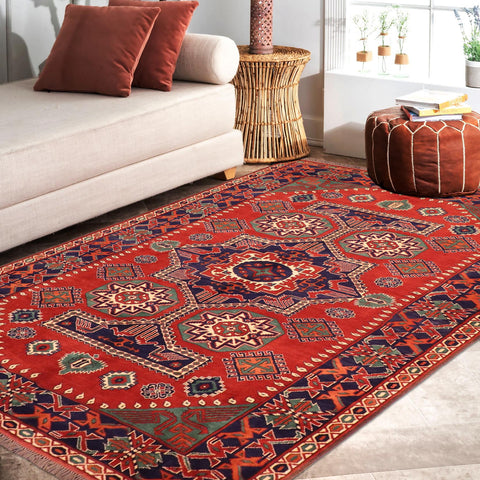 handmade Geometric Kargahi Rust Blue Hand Knotted RECTANGLE 100% WOOL area rug 6x9