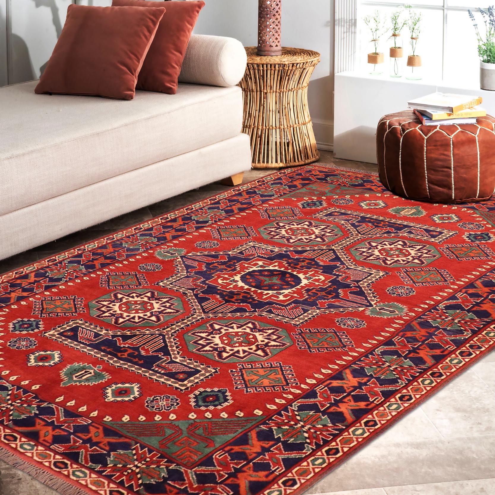 handmade Geometric Kargahi Rust Blue Hand Knotted RECTANGLE 100% WOOL area rug 6' x 9'