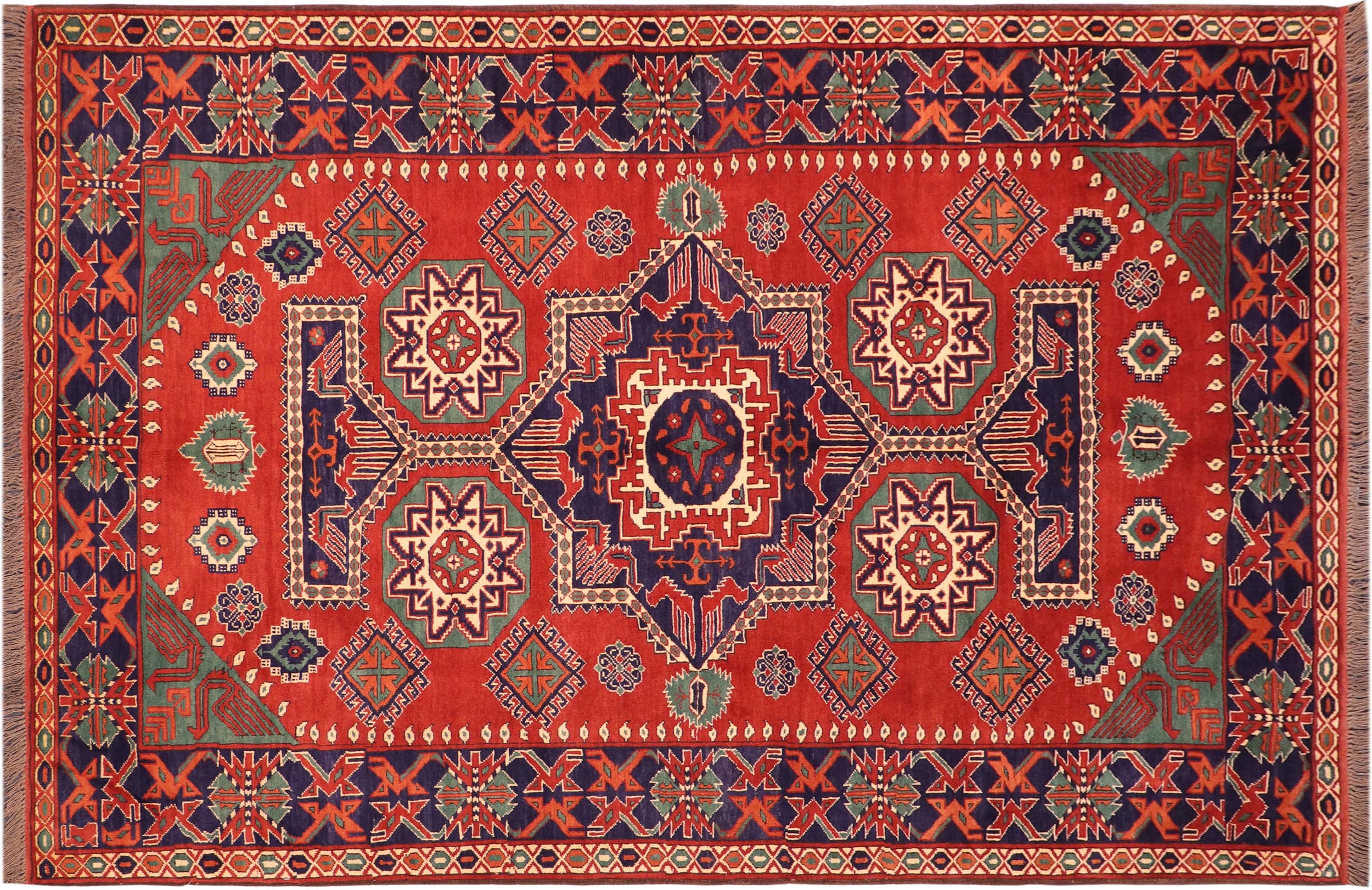 handmade Geometric Kargahi Rust Blue Hand Knotted RECTANGLE 100% WOOL area rug 6x9