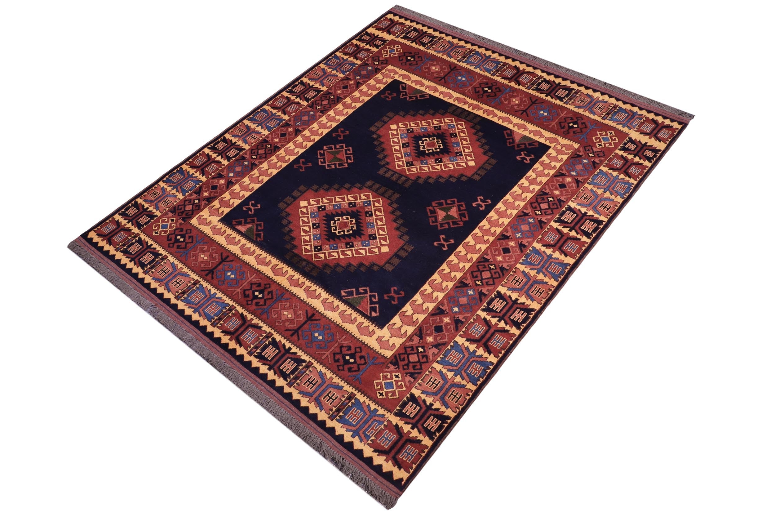 handmade Geometric Kargahi Blue Gold Hand Knotted RECTANGLE 100% WOOL area rug 6x10