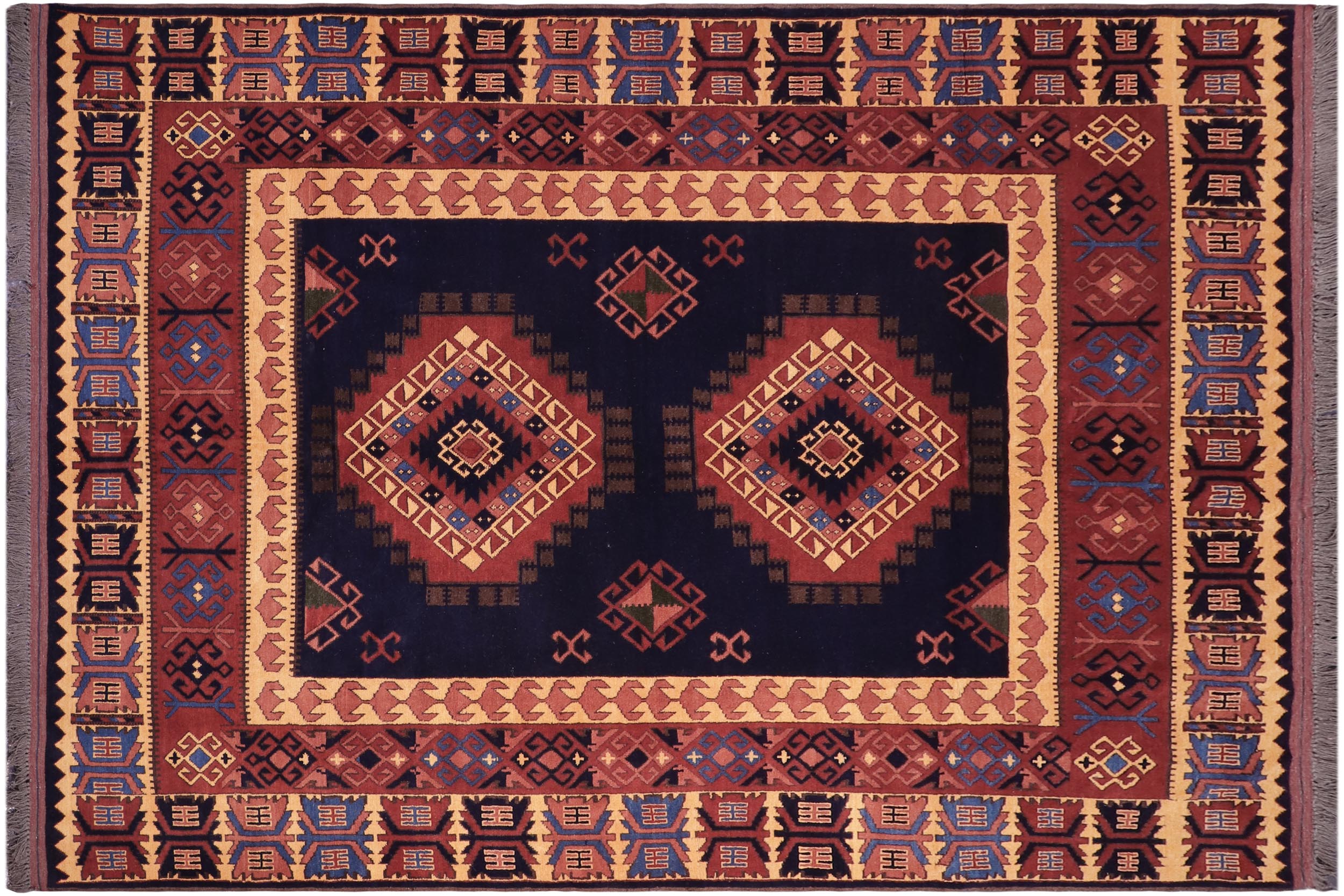 handmade Geometric Kargahi Blue Gold Hand Knotted RECTANGLE 100% WOOL area rug 6x10