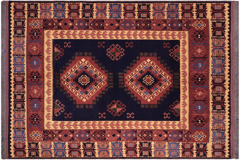 handmade Geometric Kargahi Blue Gold Hand Knotted RECTANGLE 100% WOOL area rug 6x10