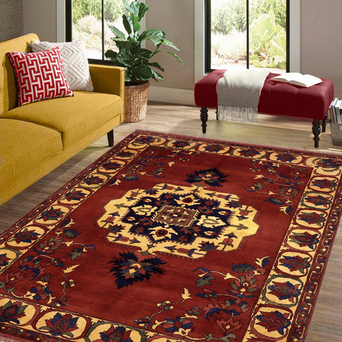 handmade Geometric Kargahi Rust Gold Hand Knotted RECTANGLE 100% WOOL area rug 7x10