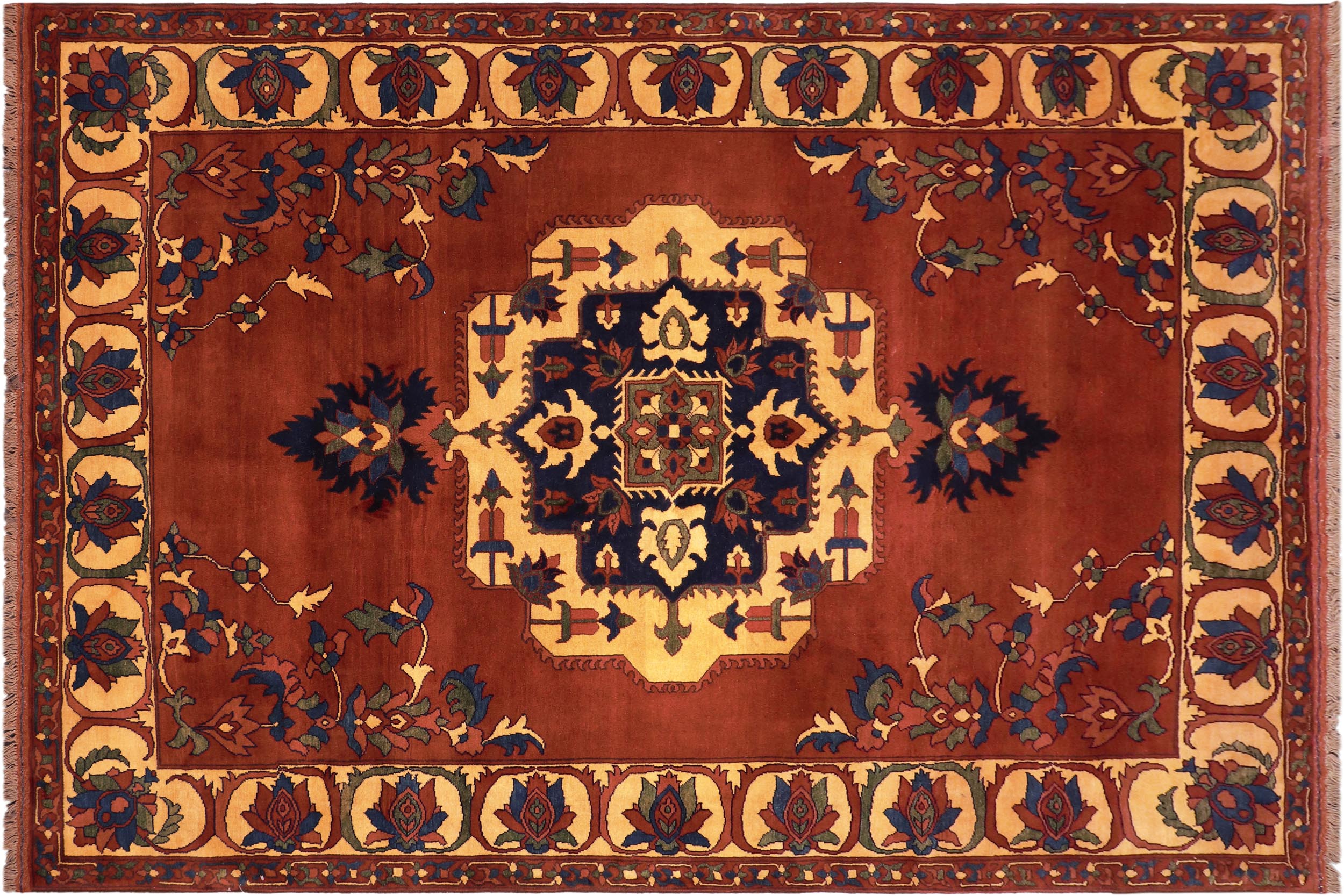 handmade Geometric Kargahi Rust Gold Hand Knotted RECTANGLE 100% WOOL area rug 7x10