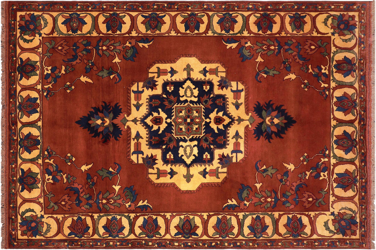 7x10 hand knotted Kargahi wool rug in rust and gold - Tribal Kargahi Zandra