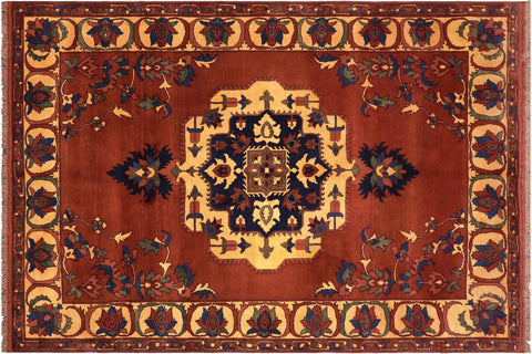 handmade Geometric Kargahi Rust Gold Hand Knotted RECTANGLE 100% WOOL area rug 7x10