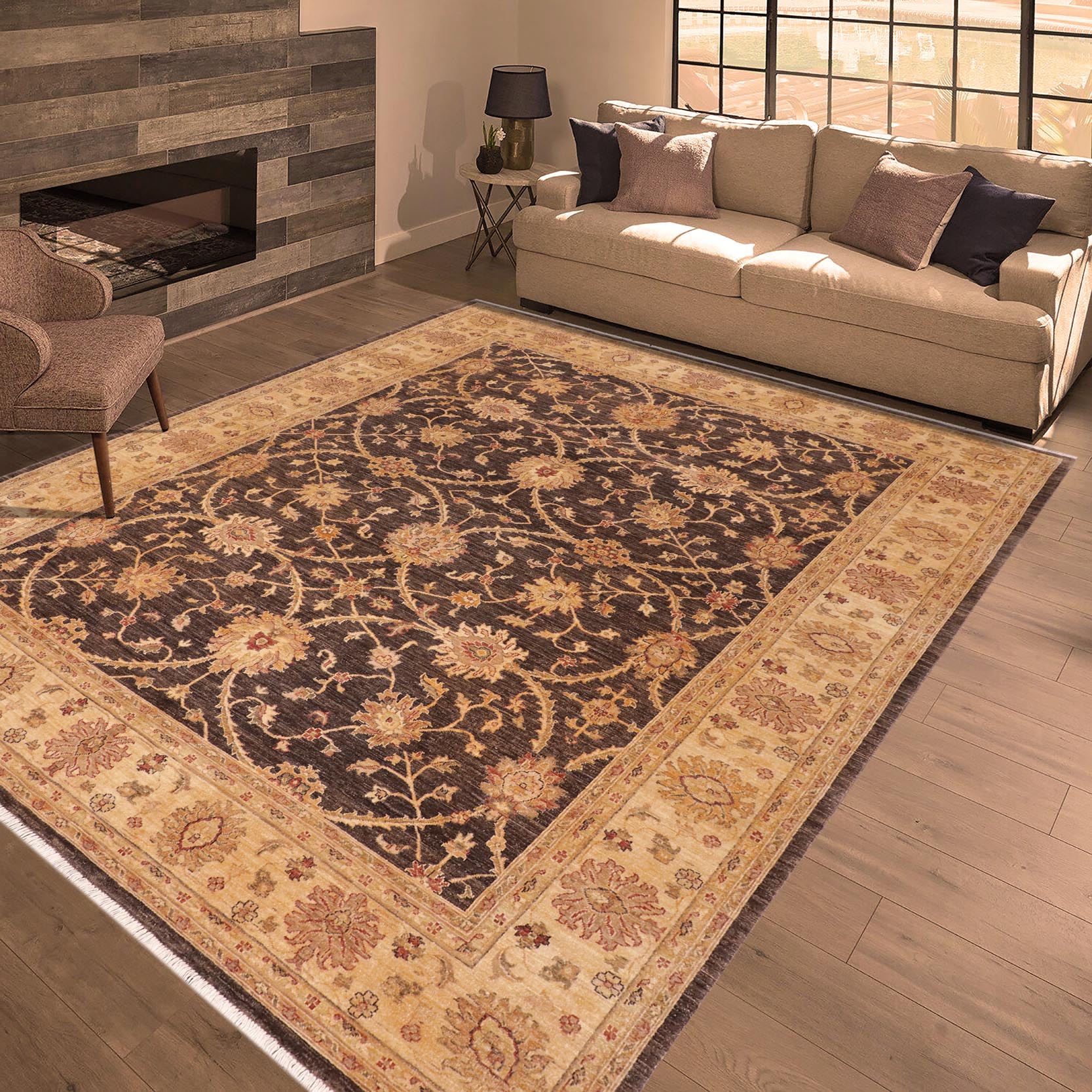 handmade Transitional Kafkaz Brown Tan Hand Knotted RECTANGLE 100% WOOL area rug 8' x 10'