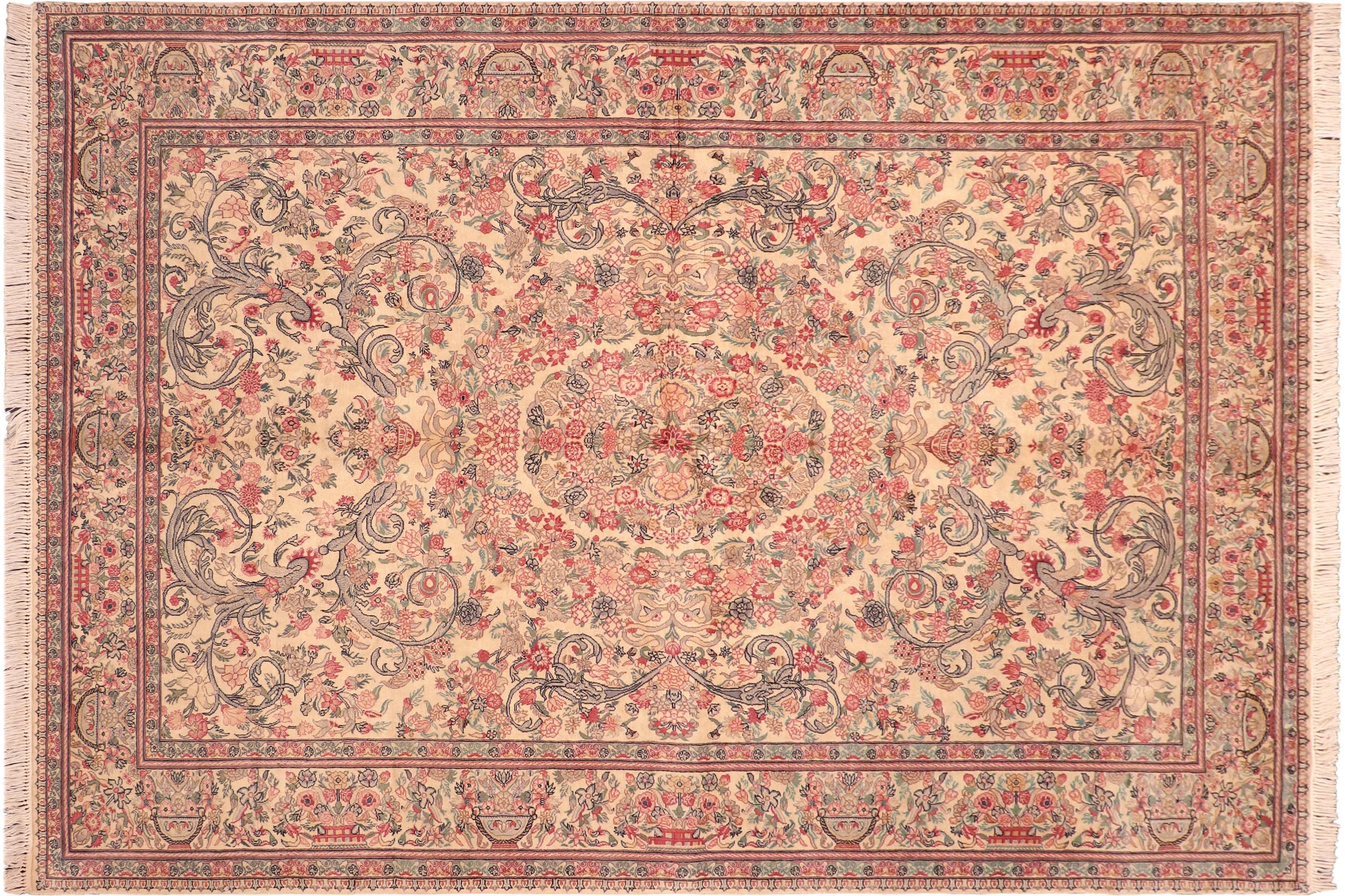 handmade Traditional Tamour Ivory Pink Hand Knotted RECTANGLE 100% WOOL area rug 6x9