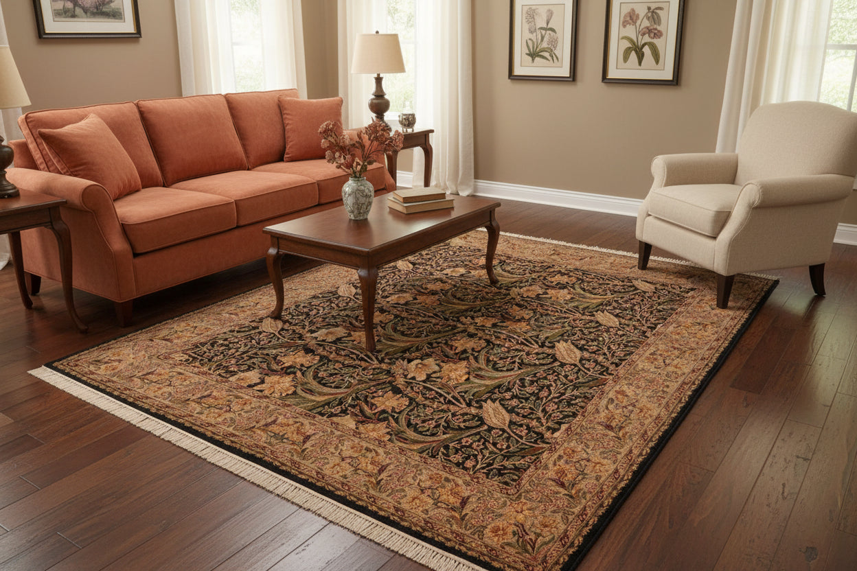 handmade Transitional Dafodils Black Taupe Hand Knotted RECTANGLE 100% WOOL area rug 6x9