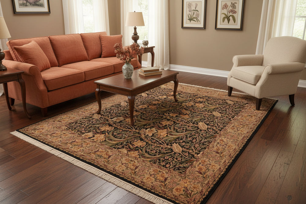 handmade Transitional Dafodils Black Taupe Hand Knotted RECTANGLE 100% WOOL area rug 6x9