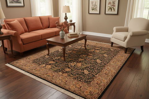 handmade Transitional Dafodils Black Taupe Hand Knotted RECTANGLE 100% WOOL area rug 6x9