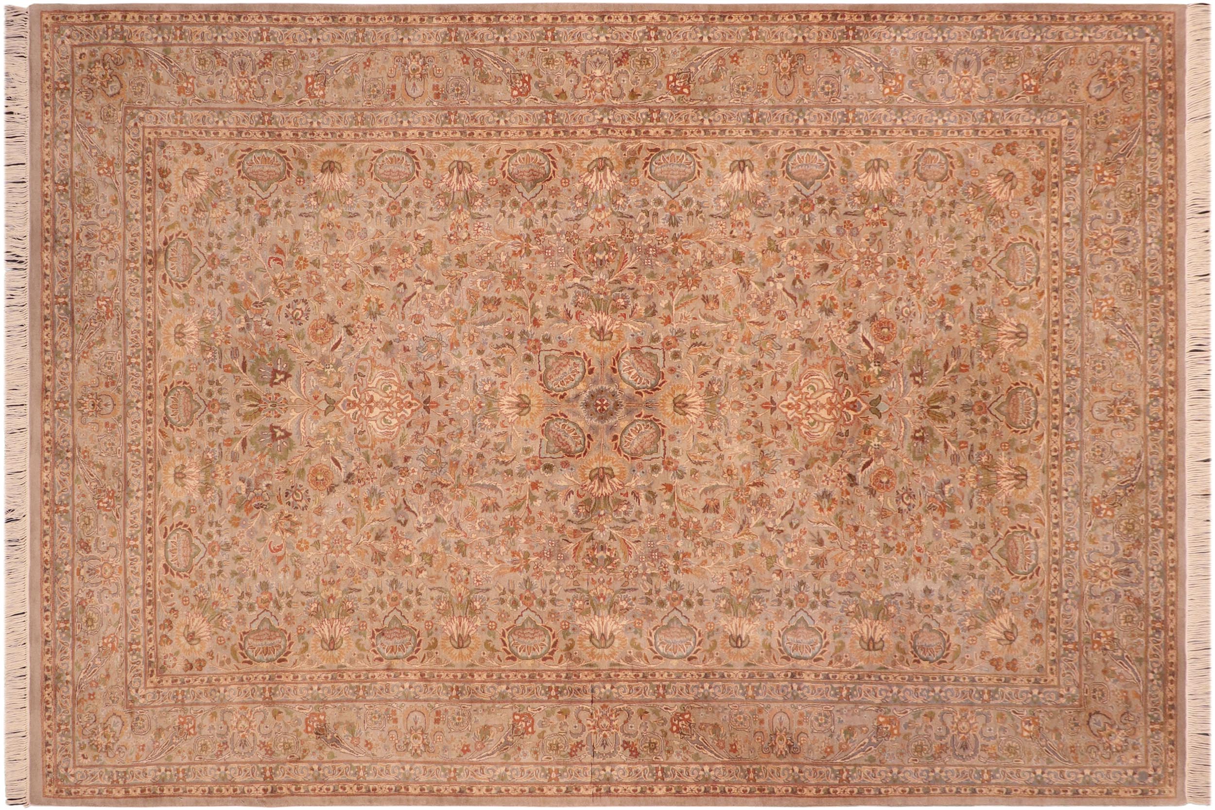 handmade Traditional Lahore Taupe Gold Hand Knotted RECTANGLE 100% WOOL area rug 6x9