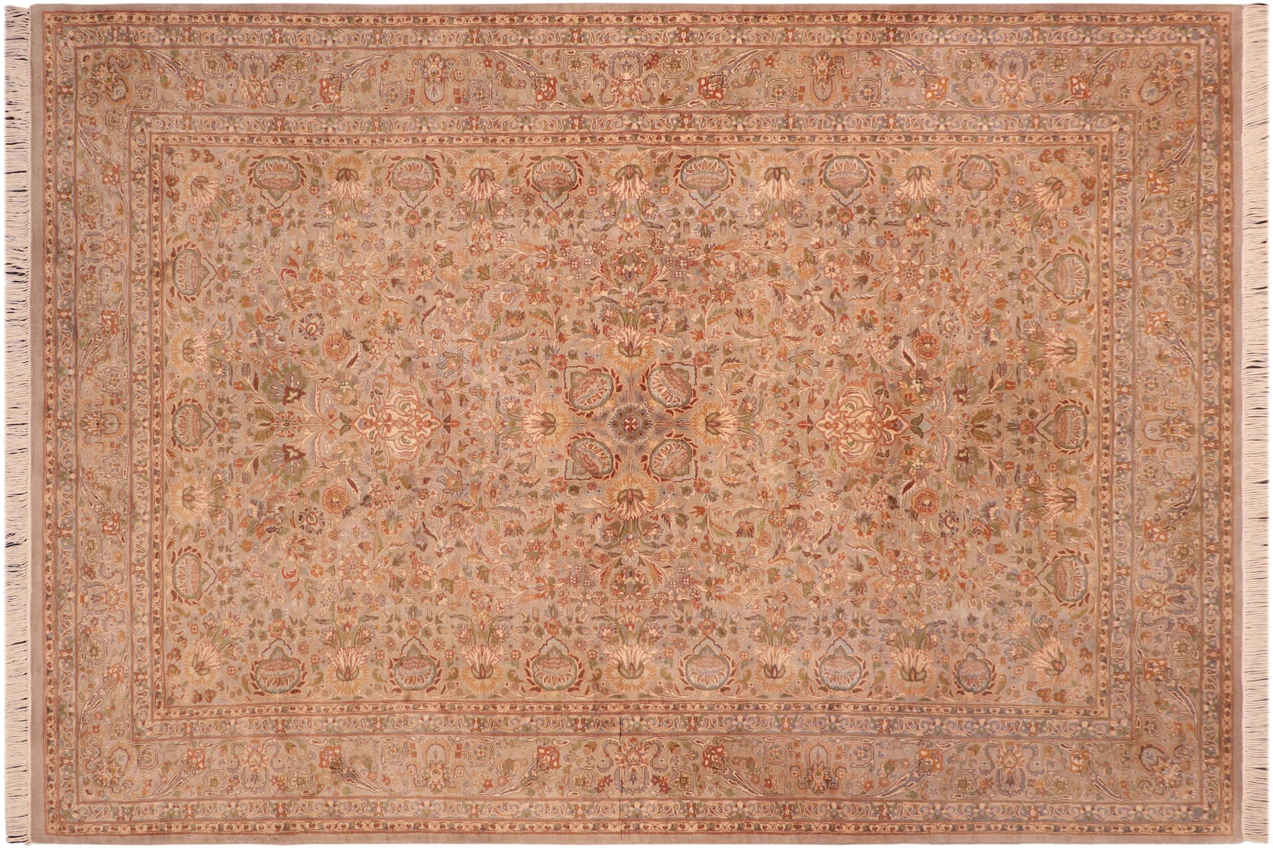 handmade Traditional Lahore Taupe Gold Hand Knotted RECTANGLE 100% WOOL area rug 6x9