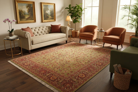 handmade Transitional Lahore Green Burgundy Hand Knotted RECTANGLE 100% WOOL area rug 6x9