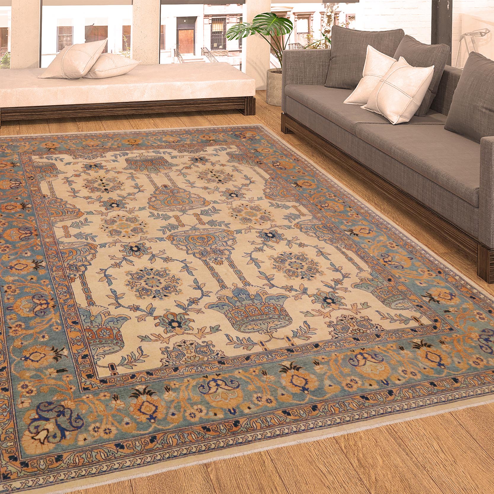 handmade Transitional Kafkaz Beige Turquoise Hand Knotted RECTANGLE 100% WOOL area rug 9' x 11'