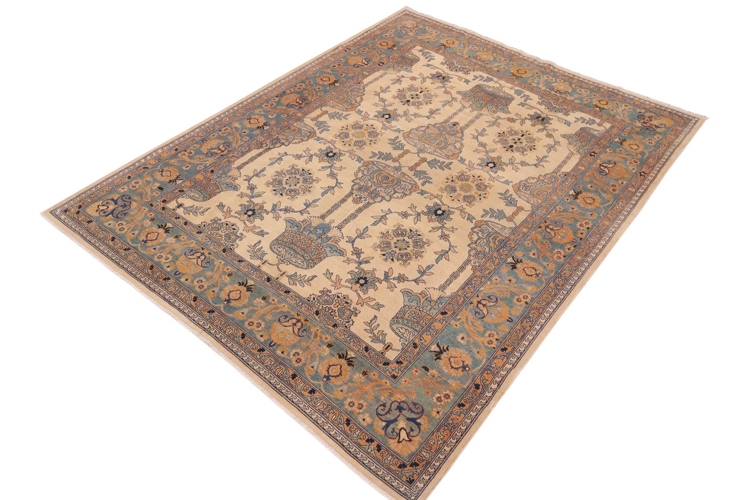 handmade Transitional Kafkaz Beige Turquoise Hand Knotted RECTANGLE 100% WOOL area rug 9' x 11'