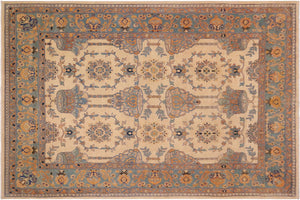 9x11 hand knotted transitional wool rug in beige and turquoise - Chic Sana