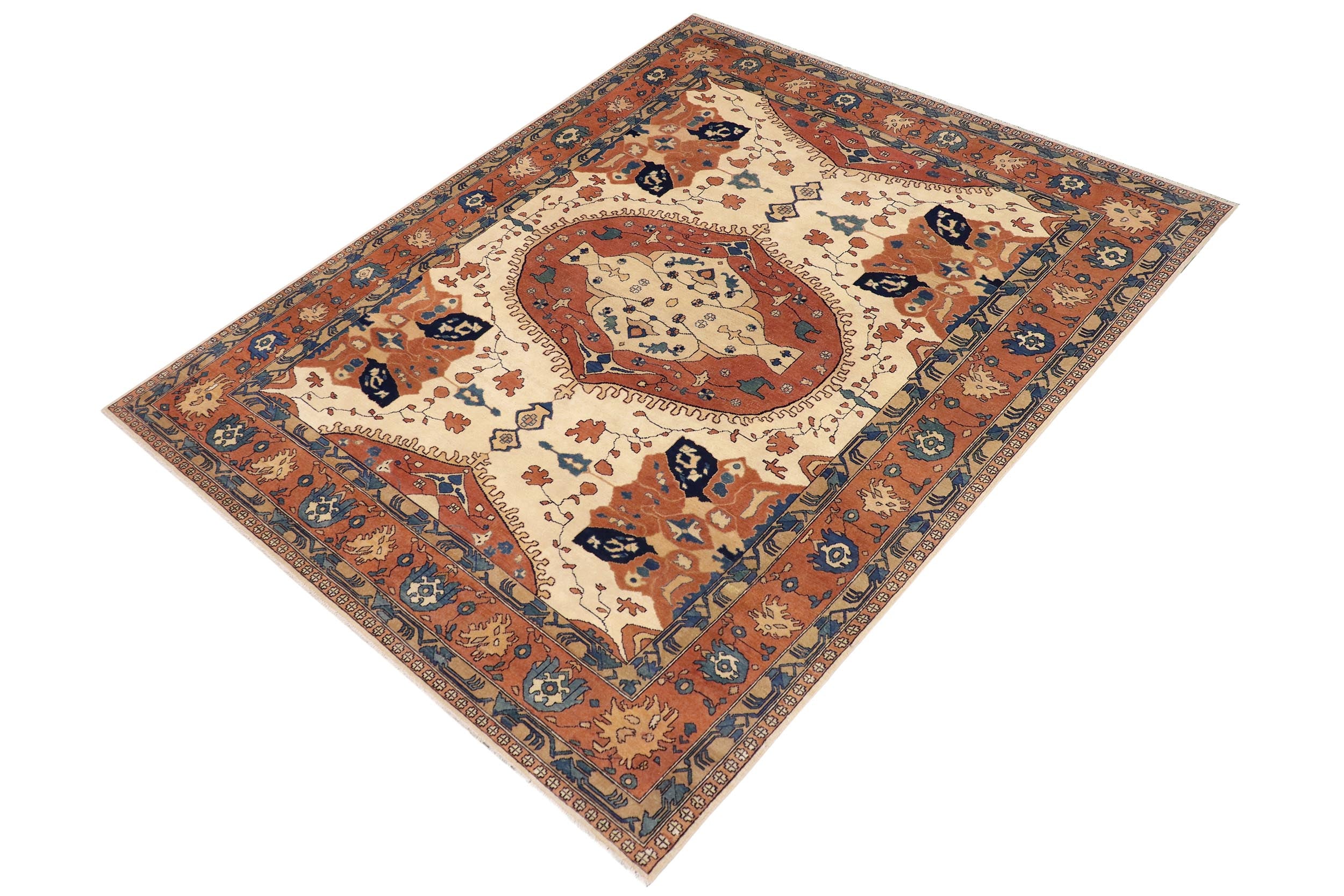 handmade Traditional Kafkaz Beige Rust Hand Knotted RECTANGLE 100% WOOL area rug 9' x 13'