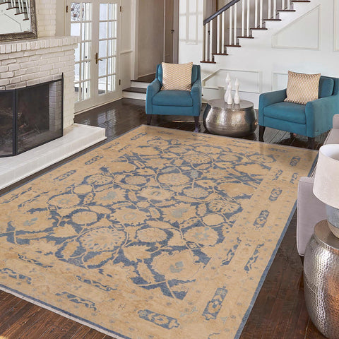 handmade Transitional Kafkaz Blue Beige Hand Knotted RECTANGLE 100% WOOL area rug 9' x 12'