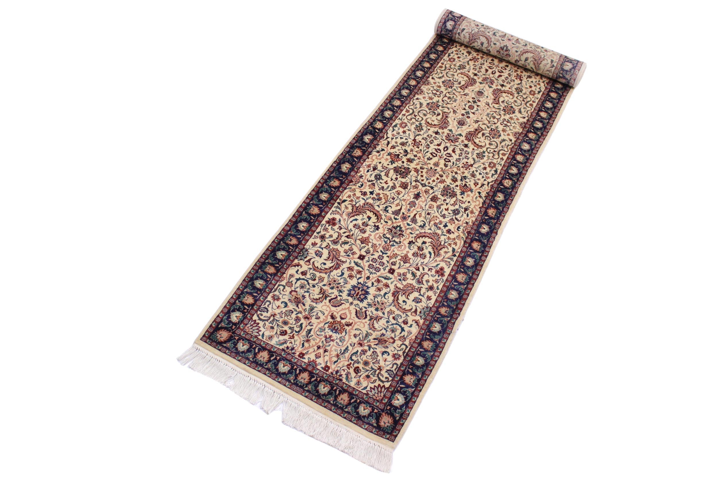 handmade Traditional Kashan Beige Blue Hand Knotted RUNNER 100% WOOL area rug 3' x 12'