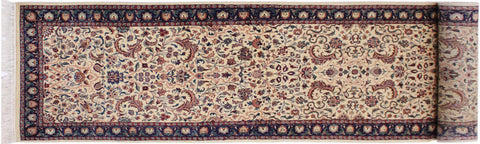 handmade Traditional Kashan Beige Blue Hand Knotted RUNNER 100% WOOL area rug 3' x 12'