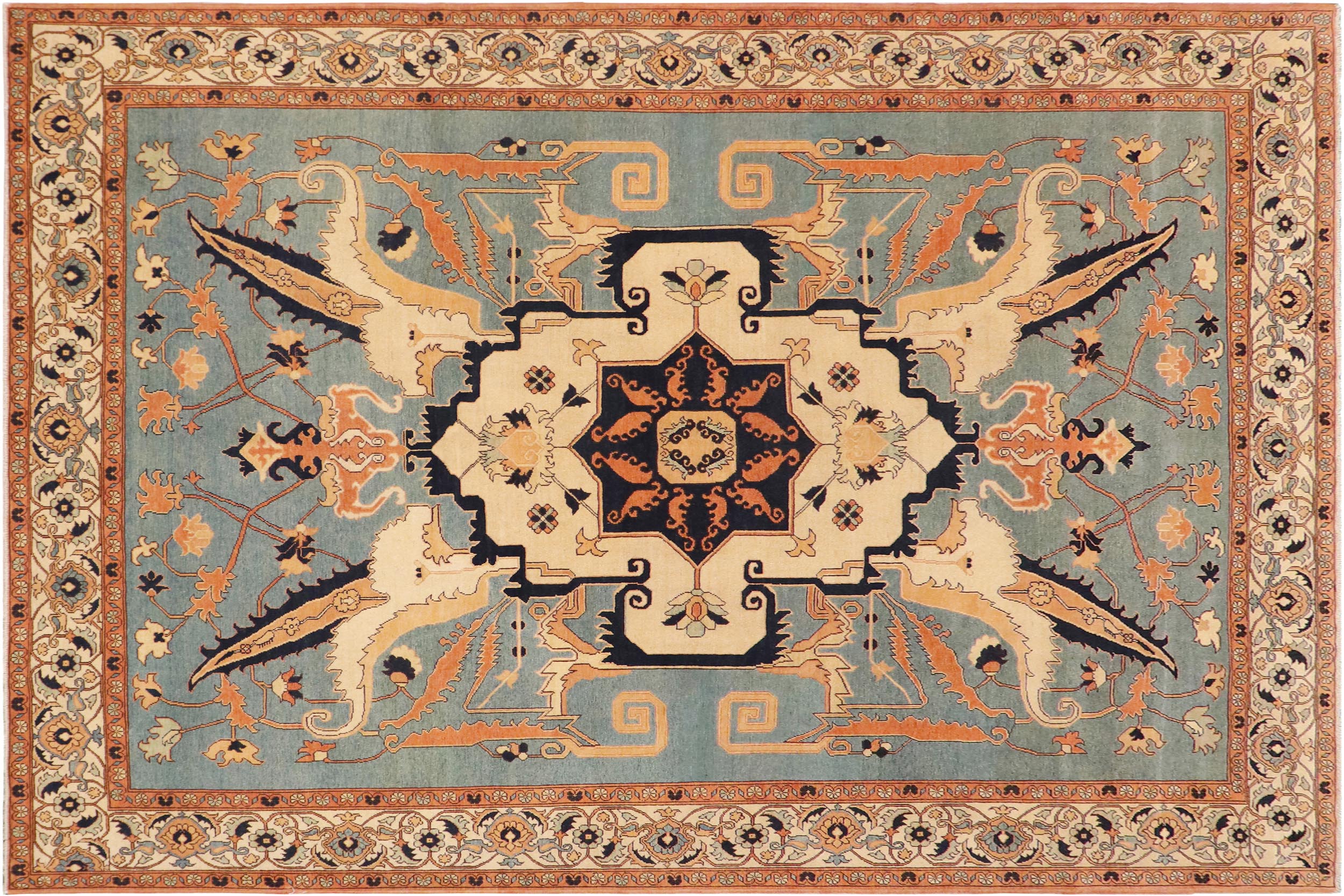 handmade Traditional Kafkaz Blue Beige Hand Knotted RECTANGLE 100% WOOL area rug 9' x 12'