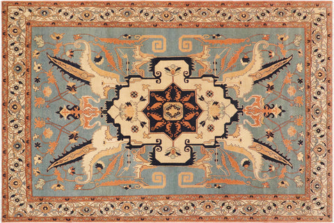 handmade Traditional Kafkaz Blue Beige Hand Knotted RECTANGLE 100% WOOL area rug 9' x 12'