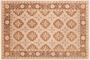6x9 hand knotted transitional wool rug in beige and brown - Chic Leonida