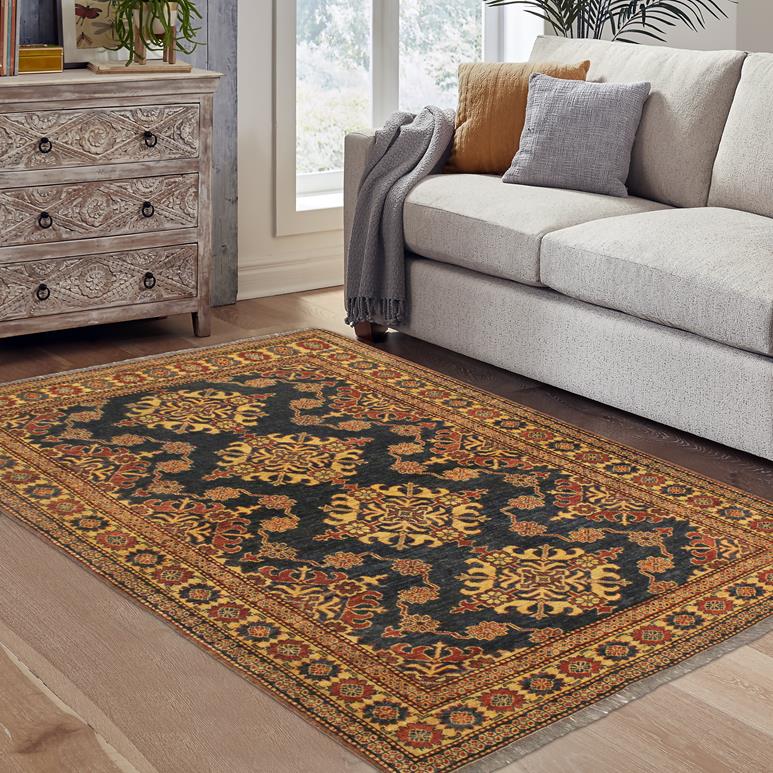 handmade Geometric Super Kazak Blue Tan Hand Knotted RECTANGLE 100% WOOL area rug 5 x 6