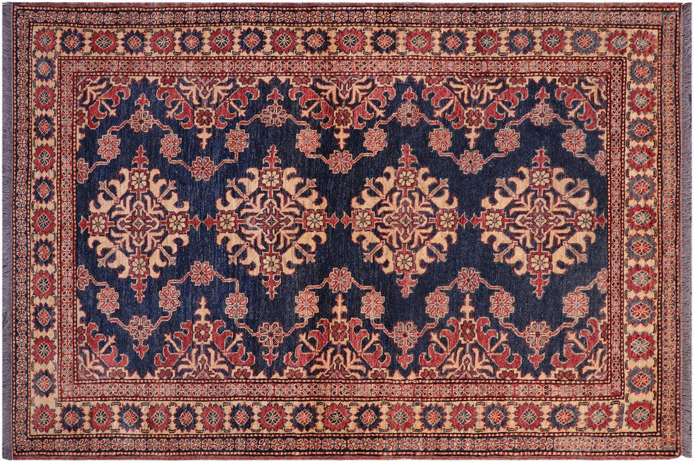 handmade Geometric Super Kazak Blue Tan Hand Knotted RECTANGLE 100% WOOL area rug 5' x 6'