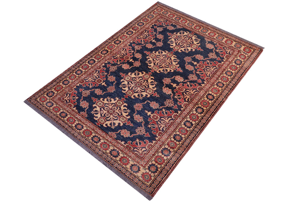 handmade Geometric Super Kazak Blue Tan Hand Knotted RECTANGLE 100% WOOL area rug 5' x 6'