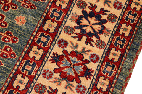 handmade Geometric Super Kazak Green Beige Hand Knotted RECTANGLE 100% WOOL area rug 7' x 10'