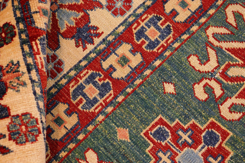 handmade Geometric Super Kazak Green Beige Hand Knotted RECTANGLE 100% WOOL area rug 7' x 10'