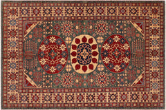 Tribal Super Kazak Magaly Green/Beige Wool Rug - 6'10'' x 9'6''