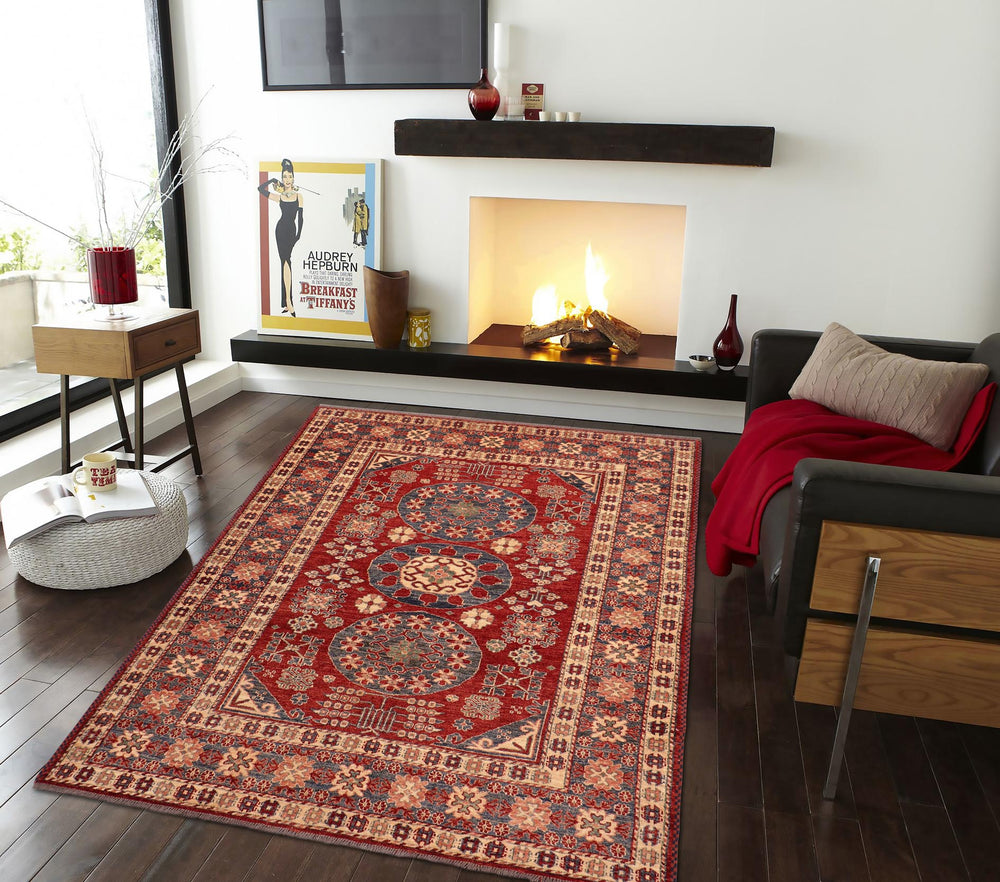 handmade Geometric Super Kazak Red Blue Hand Knotted RECTANGLE 100% WOOL area rug 5' x 6'