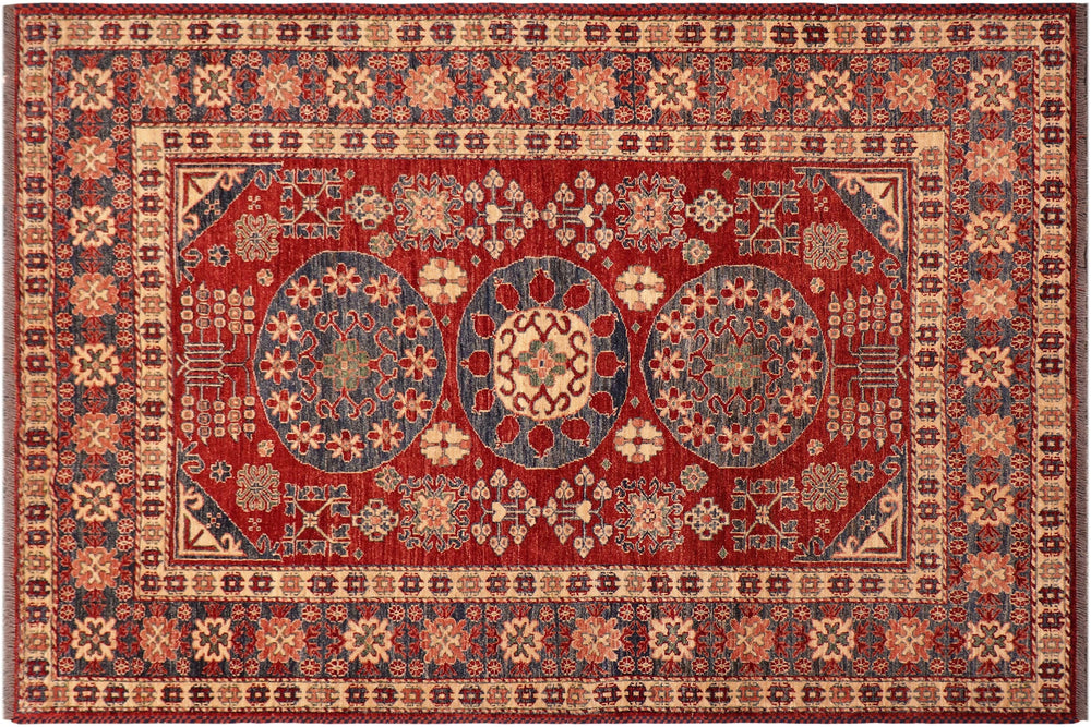 handmade Geometric Super Kazak Red Blue Hand Knotted RECTANGLE 100% WOOL area rug 5' x 6'