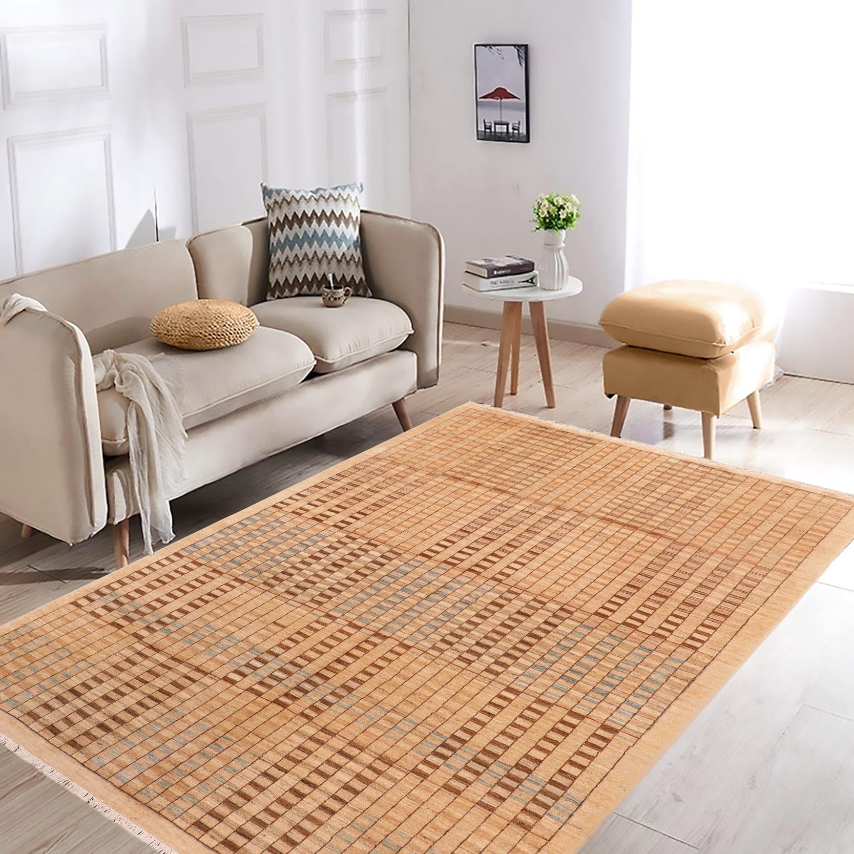 handmade Modern Kafkaz Tan Brown Hand Knotted RECTANGLE 100% WOOL area rug 6' x 9'