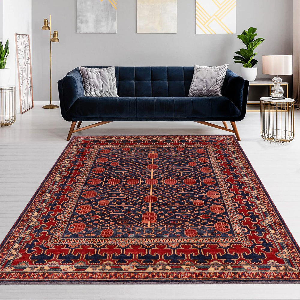 handmade Geometric Super Kazak Blue Red Hand Knotted RECTANGLE 100% WOOL area rug 7' x 8'
