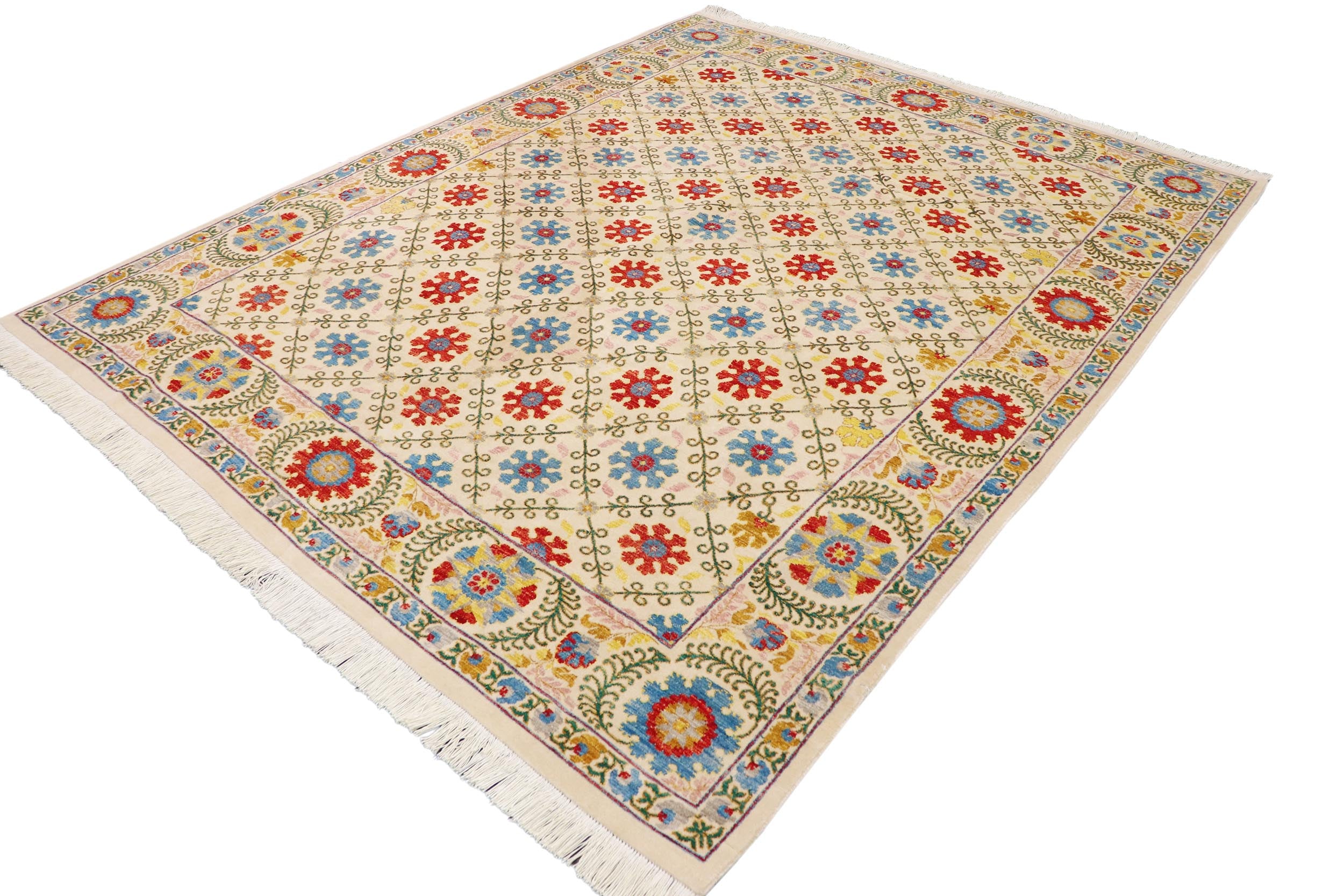 handmade Geometric Kafkaz Beige Blue Hand Knotted RECTANGLE 100% WOOL area rug 10' x 12'