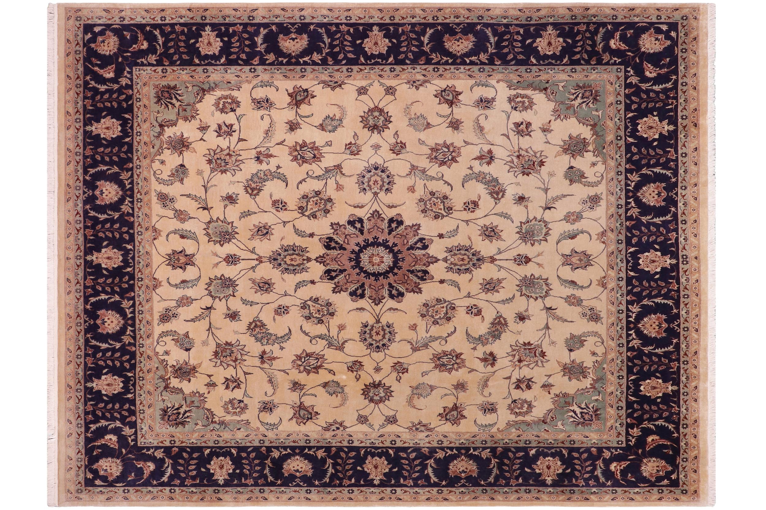 handmade Traditional Kashan Tan Blue Hand Knotted SQUARE 100% WOOL area rug 8x8