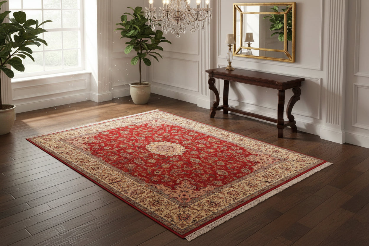 handmade Traditional Kashan Red Ivory Hand Knotted RECTANGLE 100% WOOL area rug 6x9