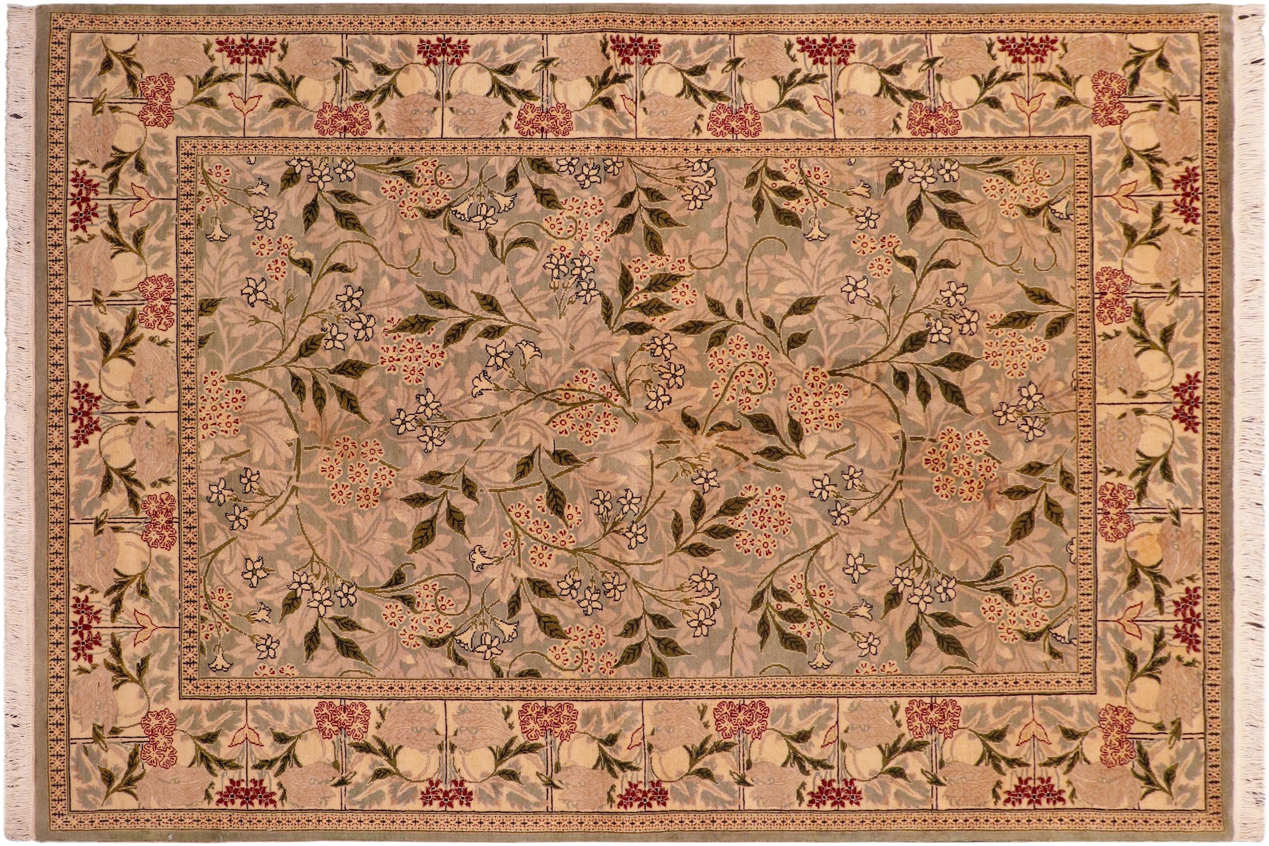 handmade Transitional Chambali Green Beige Hand Knotted RECTANGLE 100% WOOL area rug 6x9