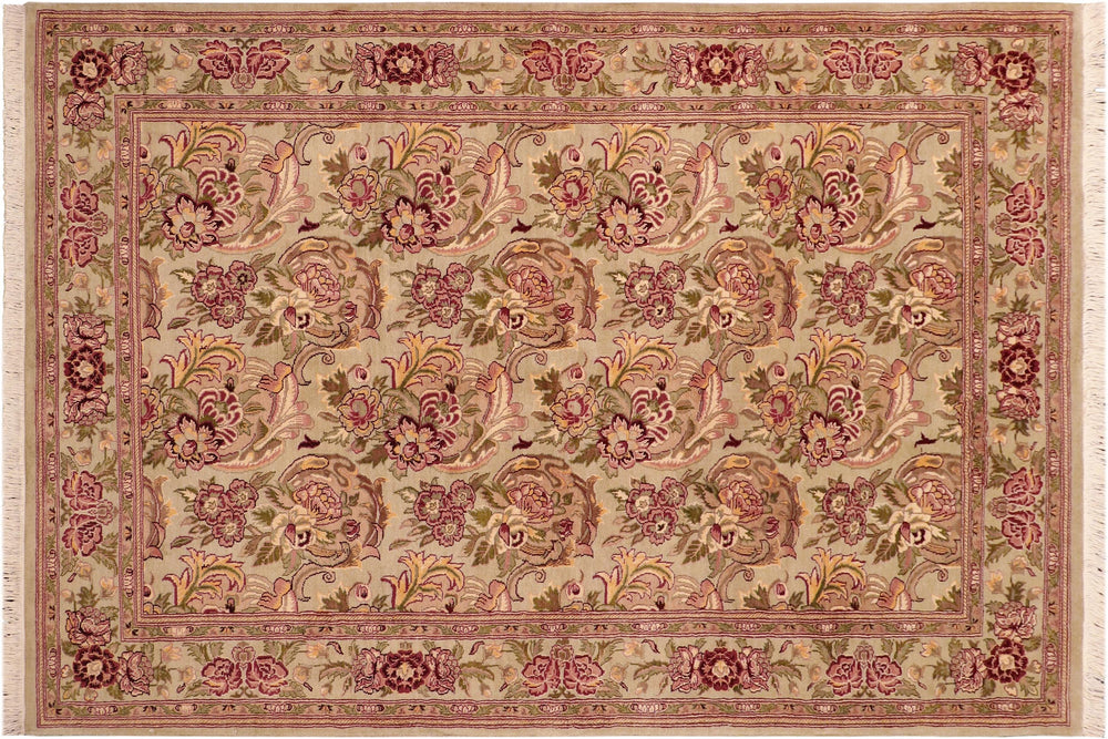 handmade Transitional Basarabian Green Pink Hand Knotted RECTANGLE 100% WOOL area rug 6' x 9'